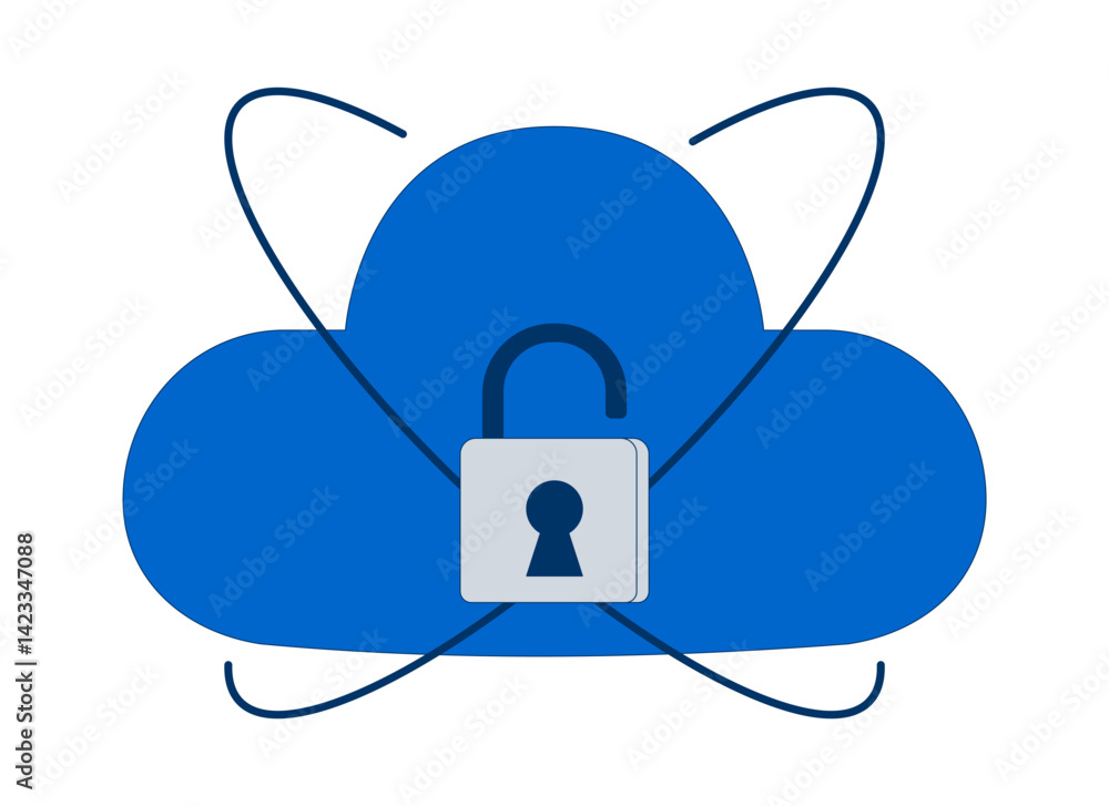 Poster unlocked cloud security 2d cartoon object. open padlock privacy. digital access. cloud vulnerability