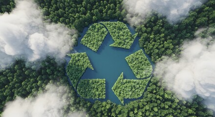 AI image of recycle symbol shape with lush forest and clouds, symbolizing environment and sustainability. A top-down aerial perspective.