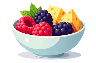 Bowl of fresh raspberries, blackberries, and pineapple. Healthy snack or breakfast. 