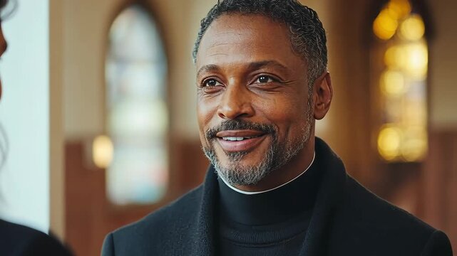 African American priest in church, listening to a parishioner