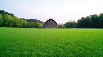 Obraz premium Rural barn in a vibrant green field