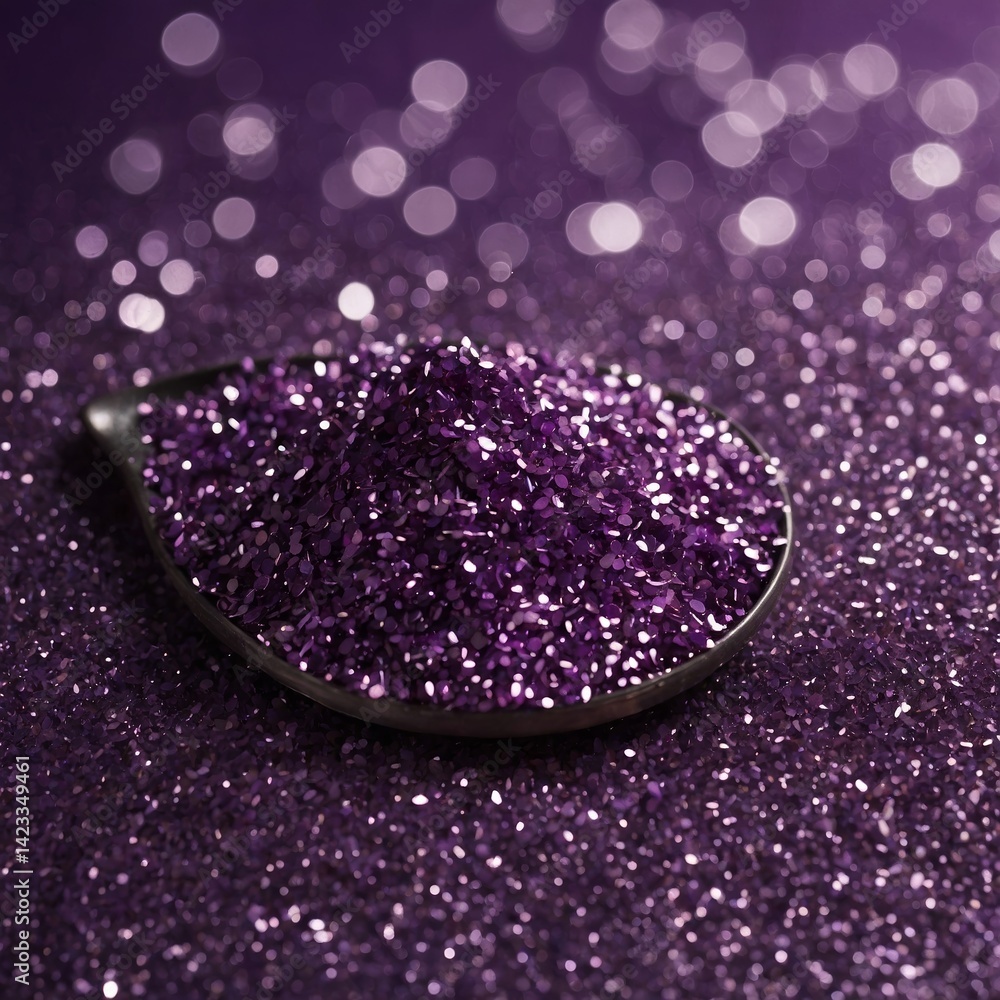 Poster purple glitter shines brightly on a reflective surface, creating a mesmerizing effect in this close-