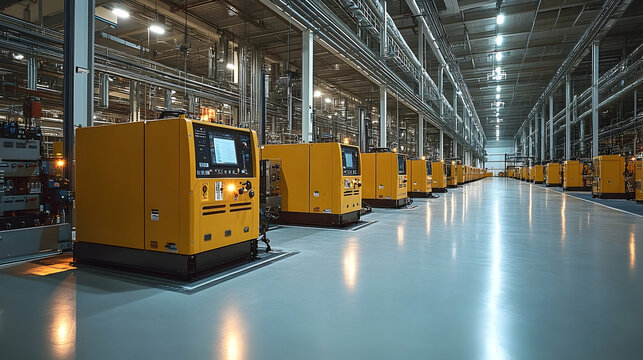 Industrial facility with numerous yellow generators lined up in a spacious, well-lit environment