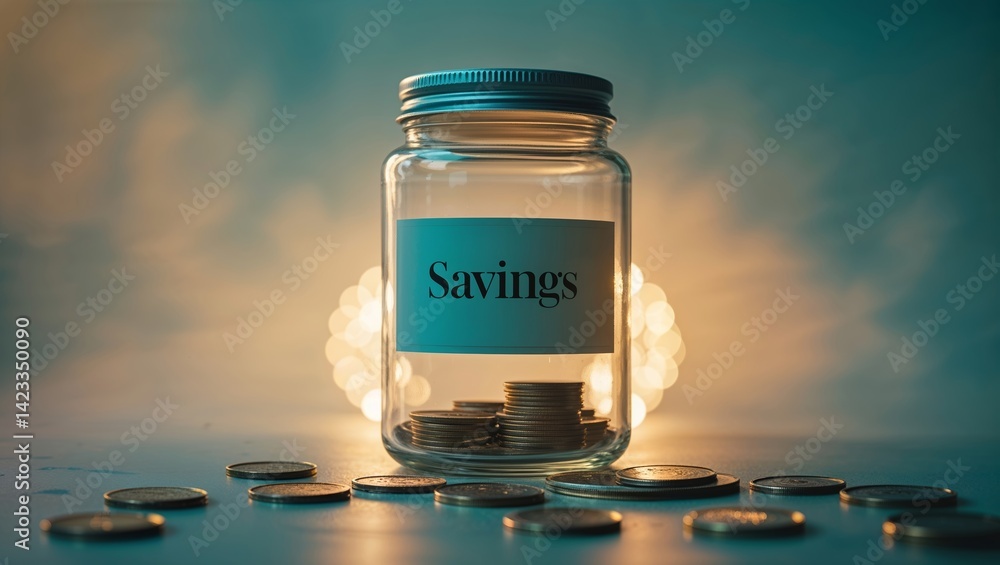 Poster saving jar filled with coins illuminated by soft background lights for financial planning concepts i