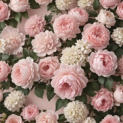 Delicate muted pink floral wall; vintage-inspired artificial roses, peonies, hydrangeas,  hydrangea,  backdrop