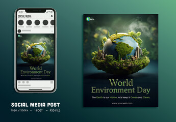 World Environment Day Editable Social Media Post for Green Urban City and Sustainable Living Campaign.