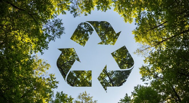 AI image of a recycle symbol seen through tree branches against the sky, representing environmental consciousness and natural harmony.