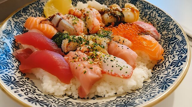 A lively plate of Japanese chirashi sushi with assorted sashimi and rice