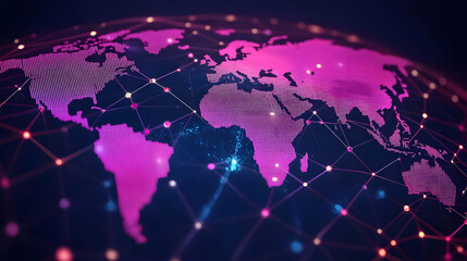 Fototapeta premium Global Network Visualization: Pink and Purple World Map with Connections