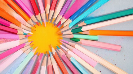 Close-up of colored pencils forming a sunburst pattern on gray paper, evoking playful creativity