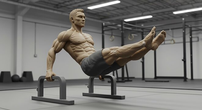 Muscular Man Performing L-Sit on Parallel Bars in a Modern Gym