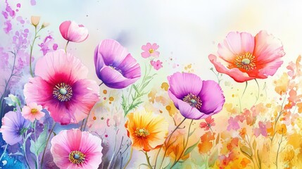 Gentle spring botanical painting in watercolor ink with bright flowers and soft gradient color blending