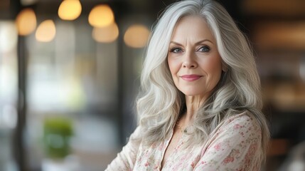 Obraz premium Senior woman with gray hair smiles confidently in a bright cafe setting during daytime
