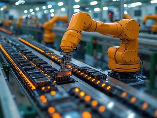 Robotic arm automation in advanced electronics manufacturing line for precision technology