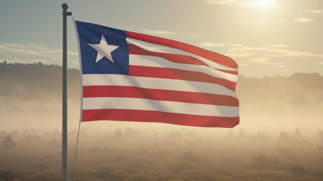 Liberian Flag at Sunrise: A Misty Morning in Liberia