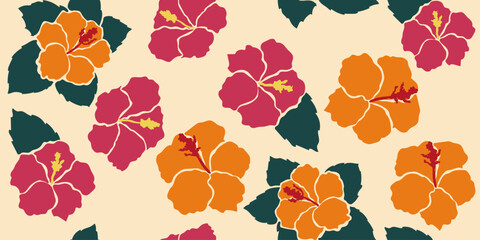 Pink hibiscus hand drawn floral seamless pattern, can be used for fabric, textile, apparel, wrapping paper, cover, banner, abstract background etc. Vector illustration.
