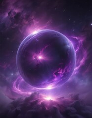 Fototapeta premium Ethereal orb glows, purple nebula swirls around , cosmic dust, planets, celestial