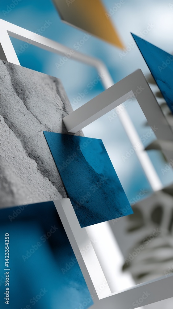 Poster abstract geometric shapes with intersecting frames, showcasing diverse materials like marble and tex