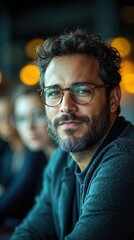 Obraz premium Contemporary portrait of confident professional in trendy glasses and casual attire with warm bokeh background