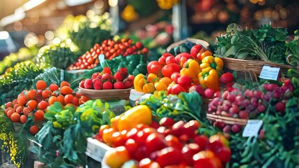 Vibrant farmers market displaying fresh fruits and vegetables in sunlight