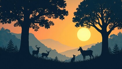 Forest Scene with Silhouetted Trees and Animals, forest, woodland creatures