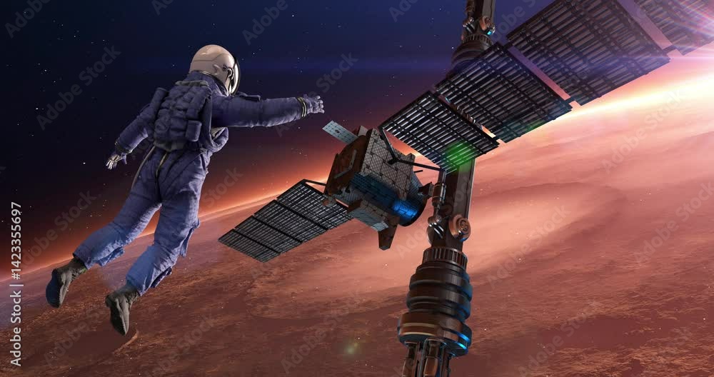 Wall mural an astronaut floating around satellite. planet mars is visible. space and technology related 4k 3d a