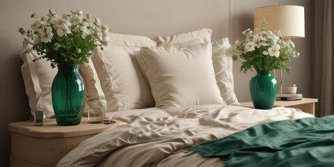 Emerald green bedding, beige nightstand, stylish vase with flowers ,  arrangement,  summer,  botanical