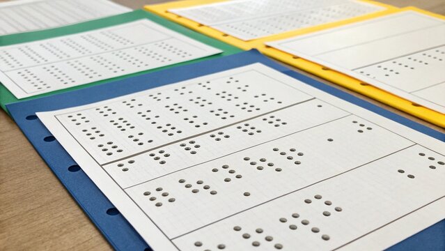 Educational accessibility braille text on white paper with colorful covers