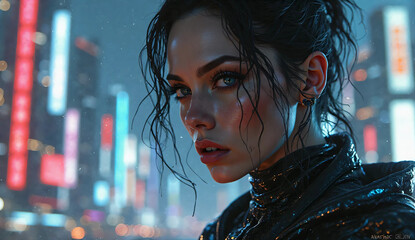 Cyberpunk Woman with Neon Lights in Futuristic City