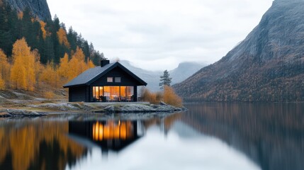 Fototapeta premium Modern cabin by a serene lake. Autumn colors surround a cozy home reflected in the water