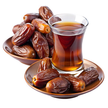 Pile of dried dates on saucer with tea in Armudu glasses isolated on transparent background PNG