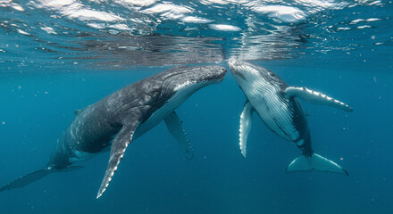 Fototapeta premium Whales Swimming Underwater in Blue Ocean Touching Noses