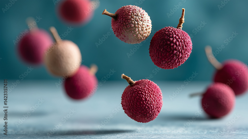 Poster lychee fruits in motion: vivid and appetizing lychee fruits appear to float in mid-air, their intric