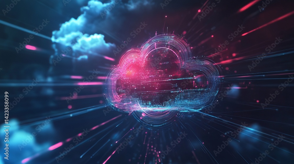 Poster abstract cloud computing digital network technology data flow pink blue dark speed cyber lines light
