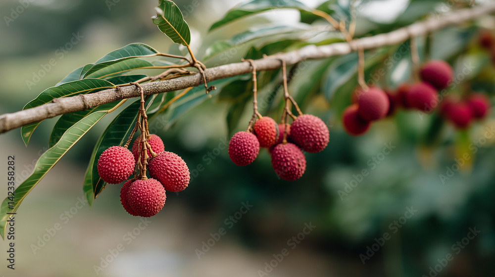 Poster lychee cluster on branch: a close-up capture of a branch adorned with a vibrant cluster of fresh lyc