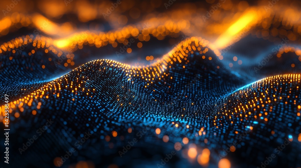 Poster abstract blue and orange digital wave particle background design 3d dark data dots flow light shiny