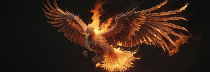 Fiery phoenix engulfed in flames, isolated on black , flame, rebirth