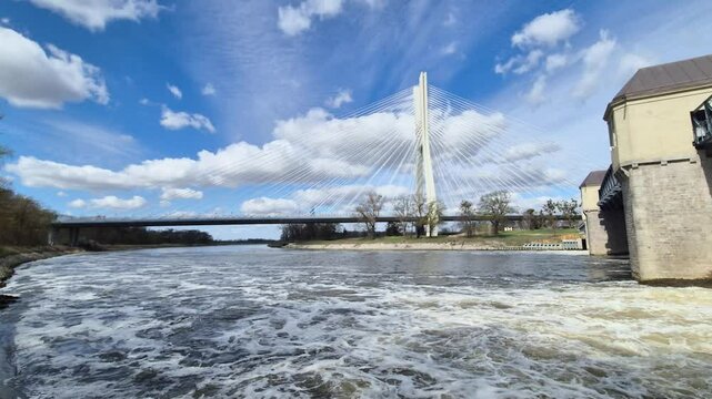 Oder river and Redzin Bridge, cable-stayed bridge spanning on A8 motorway Wroclaw.
