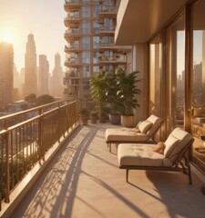Golden hour sun bathes luxurious high-rise apartment, spacious balcony ,  skyline,  modern