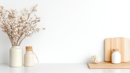 A minimalist white vase with dried flowers on a clean white shelf, accompanied by ceramic jars and wooden cutting board, and modern home decor concept.