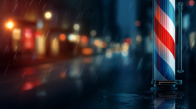 Red white blue striped barbershop pole stands on the left side, neon lights glow around, black to dark blue gradient background