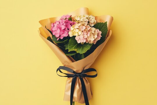 Pretty hydrangea bouquet wrapped in kraft paper.