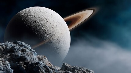 Alien planet with rings, rocky landscape