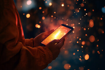 A person using a smartphone, with a glitching screen and static effects symbolizing communication failures during a solar storm.