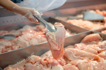Close-up of a woman choosing fresh chicken
