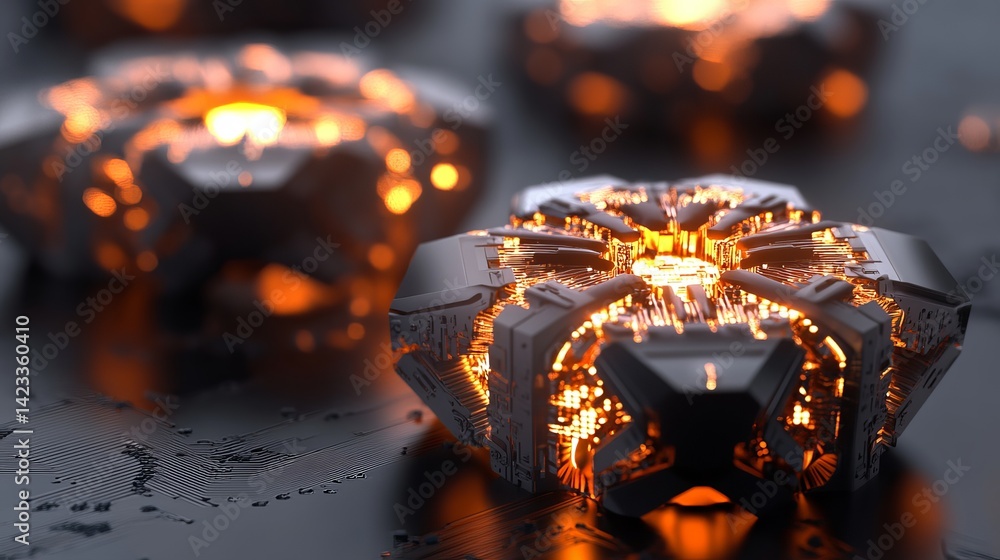 Poster abstract futuristic technology glowing orange circuits complex design 3d data dark shiny model light