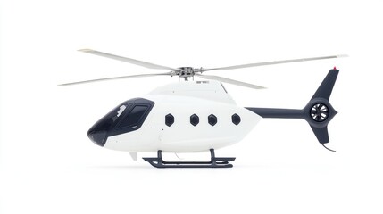 Modern white helicopter, sleek design, isolated on white background.  Features a smooth fuselage, black accents, and visible rotor system.  A sophisticated, futuristic-looking aircraft,