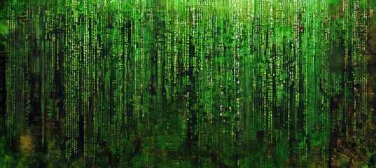 Abstract Technology Background. Green Matrix Code on Black, Digital Binary Data Flow Stream