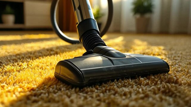 Cleaning the carpet with a vacuum cleaner on a sunny day highlights the importance of tidiness and home care