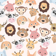Seamless vector pattern featuring a diverse collection of animals including wild, farm, exotic species. Modern style perfect for children’s products, wallpapers, textiles, packaging, educational